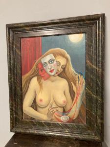 Pintura a óleo sobre tela surrealista do século XX, Conchita Amata. “Mulher e máscaras”, dimensões: 80 x 70